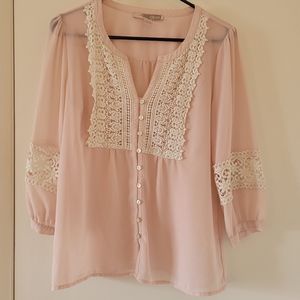 Pink 3/4 Sleeve Top with Lace Detail
